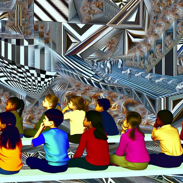 Kinderen Flonkerend in een Surrealistische Schoolomgeving Kinderen fluisteren en roddelen in een levendige schoolomgeving, afgebeeld in een surrealistische stijl met geometrische vormen, geïnspireerd door M.C. Escher.