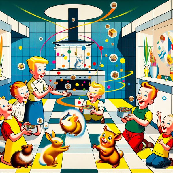 Kinderen Voeden Dieren met Kleine Hoeveelheden Diervoer Illustratie van kinderen die kleine hoeveelheden kleurrijk diervoer geven aan schattige dieren in een moderne keuken