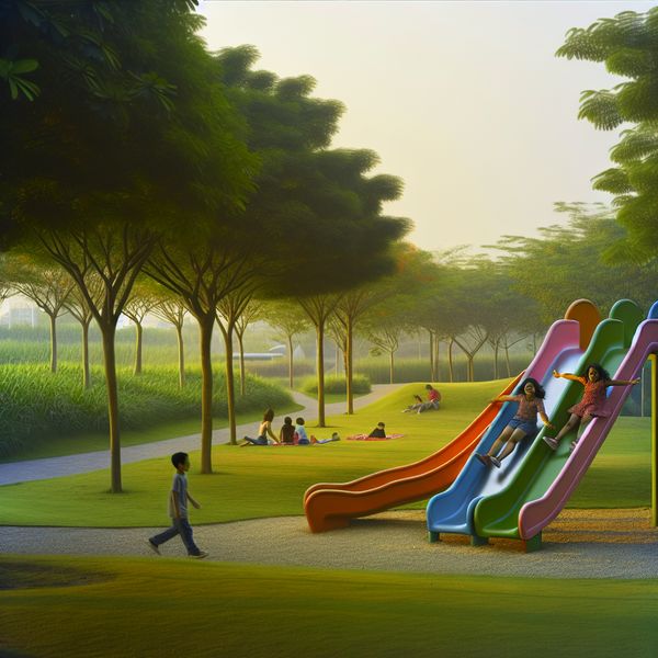 Vrolijke Kinderen op een Kleurige Glijbaan in het Park Een moderne, kleurrijke glijbaan in een serene parkomgeving met spelende kinderen die vrolijk naar beneden glijden tijdens het gouden uur.