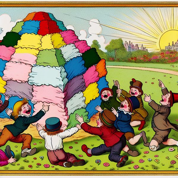 Kinderen Speelgoed in het Park met een Grappig Zandkasteel Een kleurrijke cartoon van kinderen die samen spelen in een zonnig park bij een grote, grappige zandkasteel.