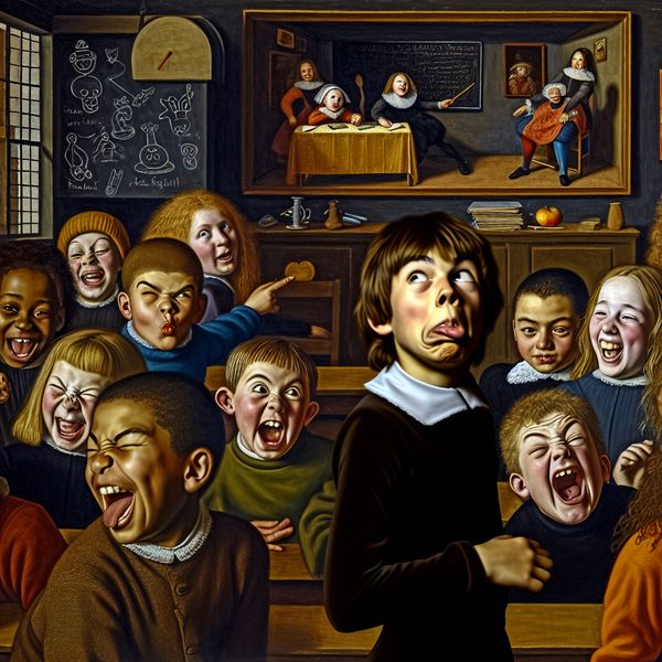 Grappige gezichtsuitdrukkingen van kinderen in de klas Een groep kinderen in een klaslokaal die grappige gezichtsuitdrukkingen maken voor de camera.