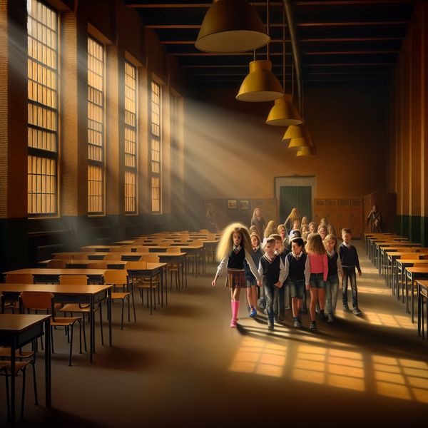 Onafhankelijke kinderen op weg naar schoolpoort Kinderen in een warme klas, vrolijk naar de schoolpoort lopen, één meisje leidt de groep.