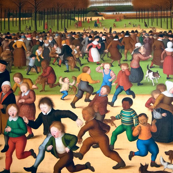 Kinderen haasten zich ongeduldig door park - Jan Steen stijl bewegingstaferelen Levendige scène van kinderen die zich snel en ongeduldig voortbewegen in een druk park, in de chaotische stijl van Jan Steen