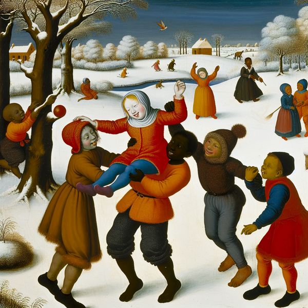 Kinderen helpen hun vriend in de sneeuw Een groep kinderen helpt een vriend door hem op te tillen om een bal uit een boom te halen in een winters sneeuwlandschap.