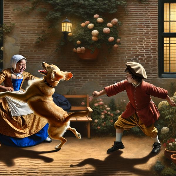 Kinderen en hond spelen vrolijk in nostalgische Vermeer-stijl tuinscène Twee kinderen in 17e-eeuwse kleding ravotten speels met een golden retriever in een zonnige tuin, in de stijl van Vermeer