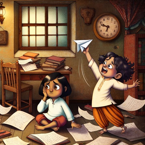Speelse kinderen met huiswerk in een vintage kamer Twee cartoonachtige kinderen in een vintage kamer, één kind is verward terwijl het andere een papieren vliegtuigje van huiswerk gooit.