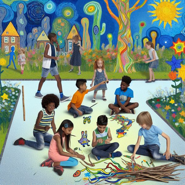 Een groep jonge kinderen speelt samen in een zonnig park, gebruikmakend van een speelse en fantasierijke kindertaal.