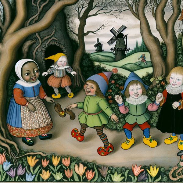 Kinderen in traditionele Nederlandse klederdracht in een park Speelse kinderen in traditionele Nederlandse klederdracht met klompen, spelend in een park vol bloemen en speelgoedmolens.