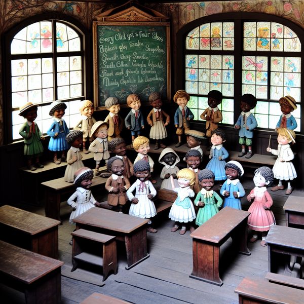 Groep kinderen in een vintage klaslokaal, elk met een kleurrijk lot in hun hand, met een krijtbord op de achtergrond.