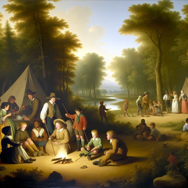Groep kinderen en jongeren bij een scoutingkamp rond een kampvuur, met tenten op de achtergrond.