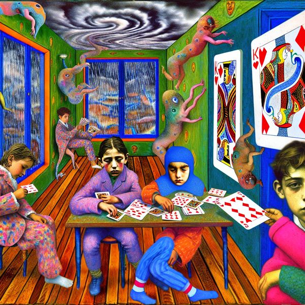 Surrealistisch Kinderen Spelen Kaartspel Op Regenachtige Dag Kinderen spelen een kaartspel binnen op een regenachtige dag met grote kaarten en fantasievolle elementen.