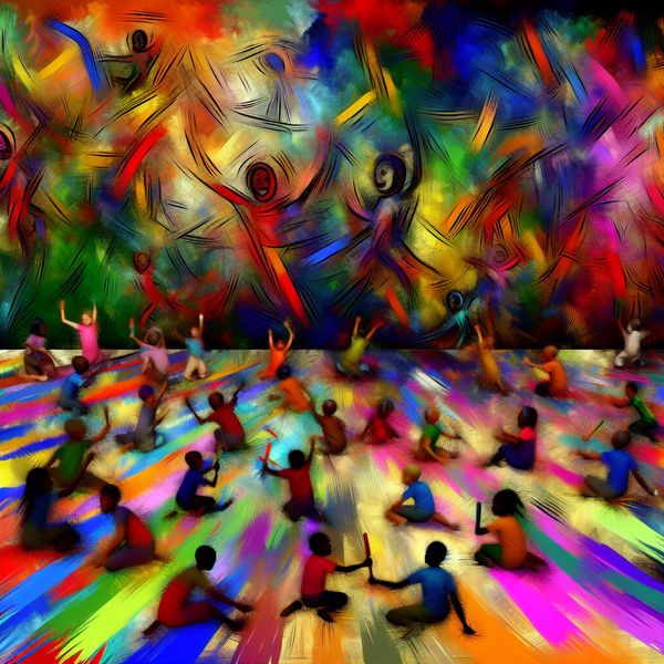 Kinderen kleuren een muur met felle krijtjes Groep kinderen die met felle krijtjes een grote kleurrijke muur inkleuren in een abstracte, chaotische scène