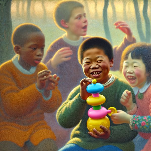 Kinderen spelen met knijpdiertjes in een speeltuin Groep kinderen die speelt met kleurrijke knijpdiertjes in een zonnige speeltuin.