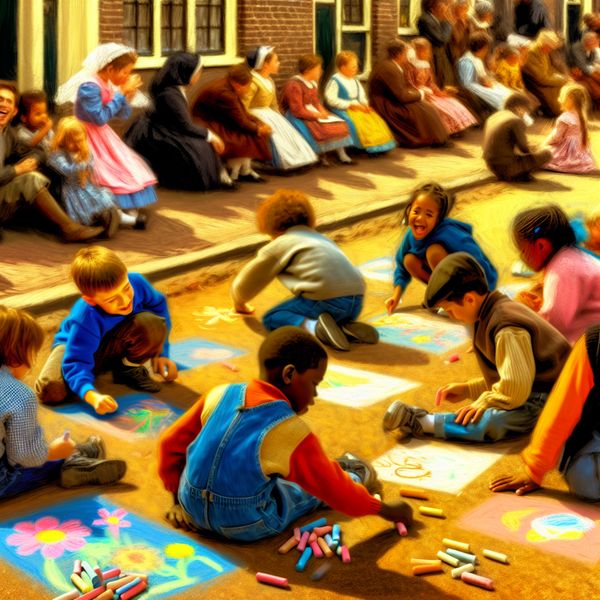 Kinderen Creatief Krijten op de Stoep Kinderen die vreugdevol met kleurrijk krijt op de stoep tekenen, omringd door vrolijke tekeningen.