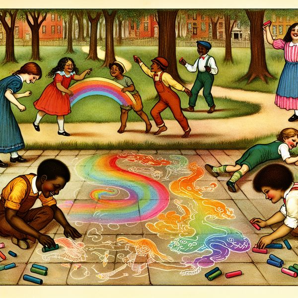 Kinderen spelen met krijtjes in een park Kinderen spelen met kleurrijke krijtjes in een park, eentje tekent een grote regenboog op het asfalt.