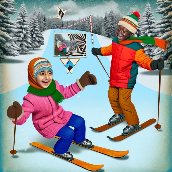 Kinderen Leren Skiën met Skietjes in de Winter Twee blije kinderen leren skiën op kleine skis in een winterse omgeving met sneeuwbedekte bomen.