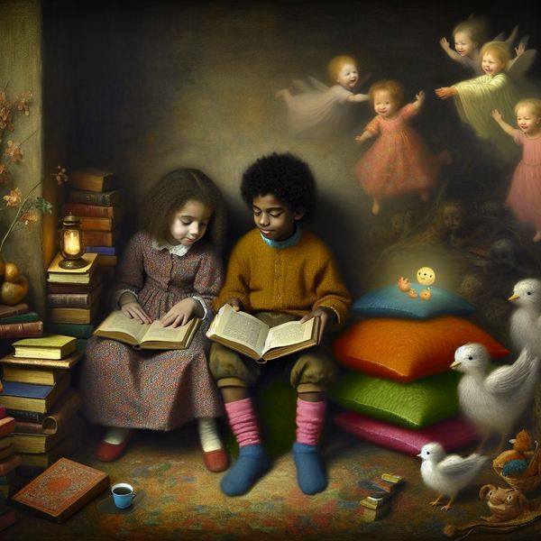 Kinderen Lezen over Geestjes Kinderen verdiept in een verhaalboek over vriendelijke geestjes in een gezellig verlichte kamer.