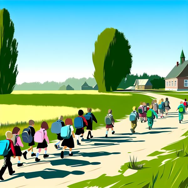 Kinderen Lopen naar School in Retro-Futuristische Stijl Kinderen lopen naar school over een grasveld in een retro-futuristische stijl.