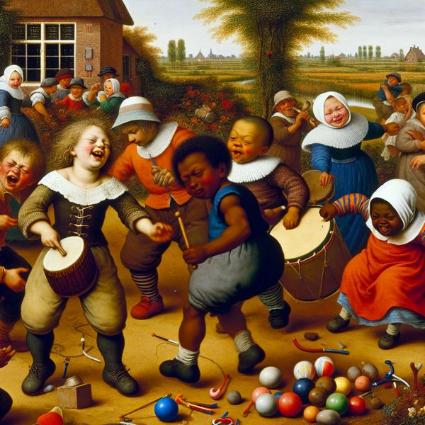 Levendige tuinscène met lachende en spelende kinderen die herrie maken met trommels, fluitjes en ballen, in de stijl van Jan Steen