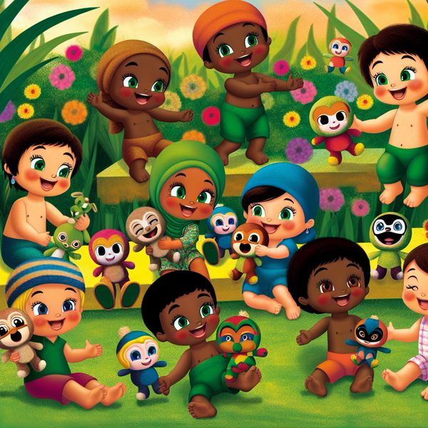 Kinderen met schattige mascottes in een levendig park Groep kinderen in een levendig park met unieke mascottes, lachend en spelend te midden van groene bomen en kleurrijke bloemen.