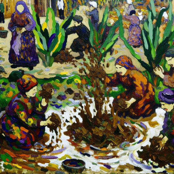 Vrolijke Kinderen Spelen in de Modder in een Tuin Een abstracte weergave van kinderen die vrolijk in de modder spelen in een tuin, omringd door felle kleuren en een tuinier die knielt.