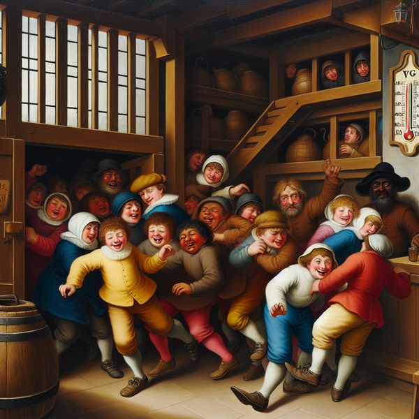 Nederlandse genretaferelen: kinderen onder leeftijdsgrens in chaotische taverne Levendige Nederlandse taverne-scène met kinderen die vrolijk en gratis binnenkomen, terwijl een lachende volwassene toekijkt en een thermometer vorst aangeeft