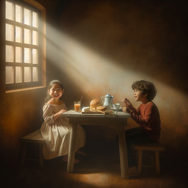 Een warme ochtendmet kinderen die samen aan een klein eettafel zijn, genieten van hun ontbijt van brood en kaas met zonlicht dat door het raam stroomt.