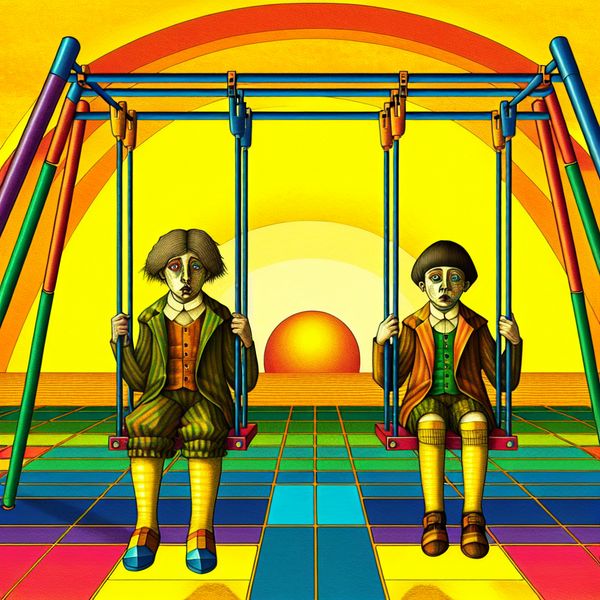 Kinderen op een schommel na schoolreis: vermoeid en 'wak' Twee kinderen op een schommel in een retro-futuristisch speeltuin, moe na een schoolreis, met een ondergang van de zon op de achtergrond.