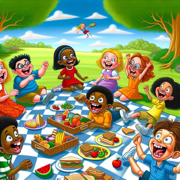 Kinderen genietend van picknick in cartoonstijl Een groep blije kinderen geniet van een picknick op een zonnige dag met kleurrijke voedselitems en een vrolijk dekentje.