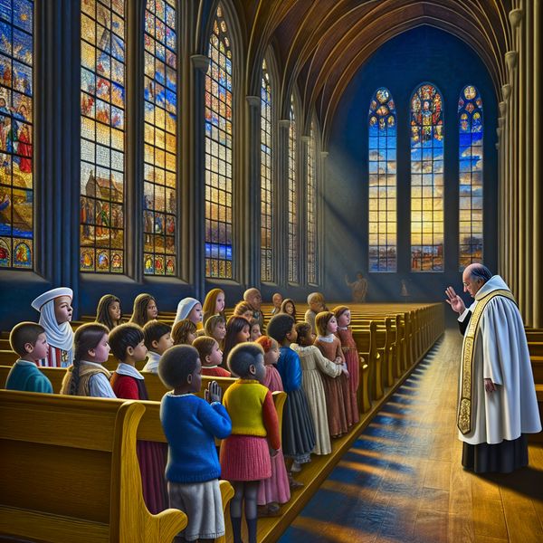 Een groep kinderen in een zonovergoten kerk, die met ontzag een oudere priester in traditionele gewaden aanspreken.