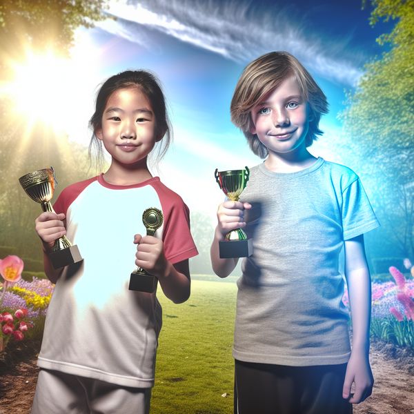 Kinderen Bereiden Zich Voor op Een Race in het Park Twee kinderen glimlachen terwijl ze zich voorbereiden op een race in een park, met bloemen en een heldere lucht op de achtergrond.