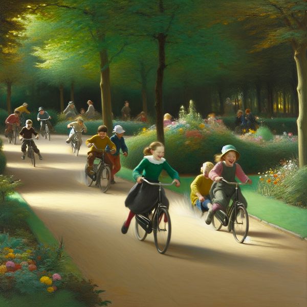 Kinderen racen met hun fietsen in een zonnig park.