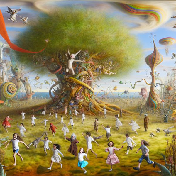 Kinderen Ronden een Fantastische Boom in een Surrealistische Scène Kinderen rennen in een cirkel om een enorme, kleurrijke boom in een surrealistisch landschap met vreemde wezens en dromerige wolken.
