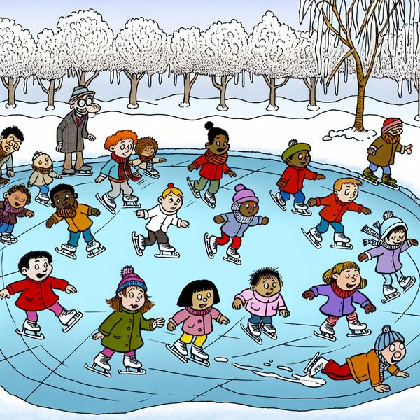 Kinderen schaatsen vrolijk op een bevroren vijver in een sneeuwlandschap, met een gladde ijslaag.