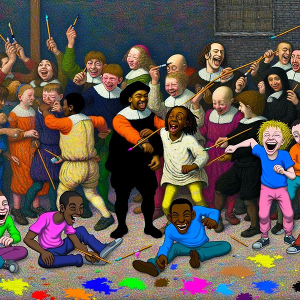 Kinderen schilderen samen een grote muur buiten met levendige kleuren.