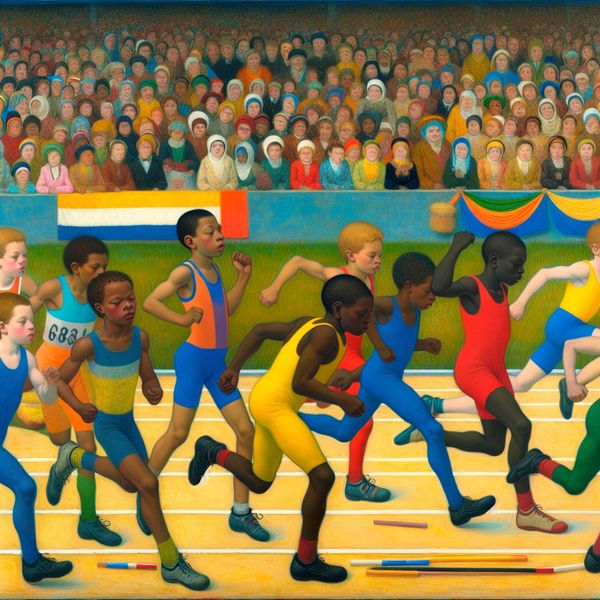 Kinderen tijdens school atletiek kampioenschappen Groep kinderen die deelnemen aan schoolkampioenschappen atletiek, met kleurrijke uniformen en een energieke sfeer.