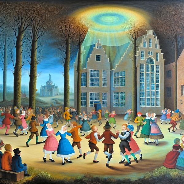 Vrolijke kinderen leren een simpele dans voor een schoolfeest Hyper-realistisch beeld van kinderen die vrolijk een simpele dans leren voor een schoolfeest, met een grootschoolgebouw op de achtergrond.