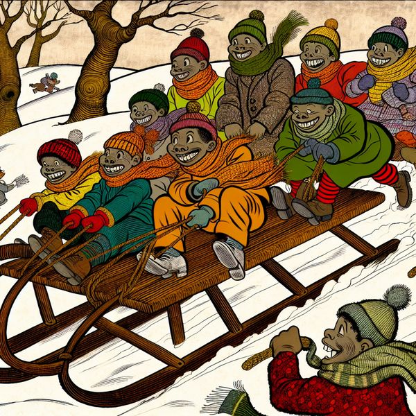 Vrolijke kinderen trekken een houten sleetje een besneeuwde heuvel op, klaar om te glijden in een nostalgische winterscène