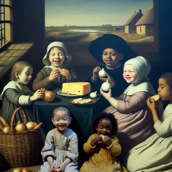 Kinderen die hun snacks delen met uitjes in een rustige omgeving Kinderen genieten van snacks, waaronder een ui, kaas en brood, in een serene setting.