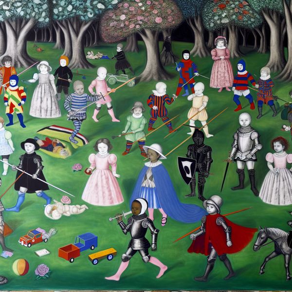 Kinderen in kleurrijke outfits spelen als leger in het park Een groep kinderen in kleurrijke outfits speelt samen in een park, waarbij ze zich voordoen als een klein leger met speelgoedzwaarden en schilden.
