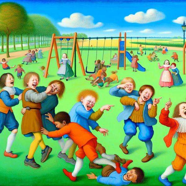Kinderen die lachen op de speelplaats – Schertsende humor Een levendig speelplaats scene met kinderen die lachen en spelen, met enkele kinderen die grappen maken over plas.