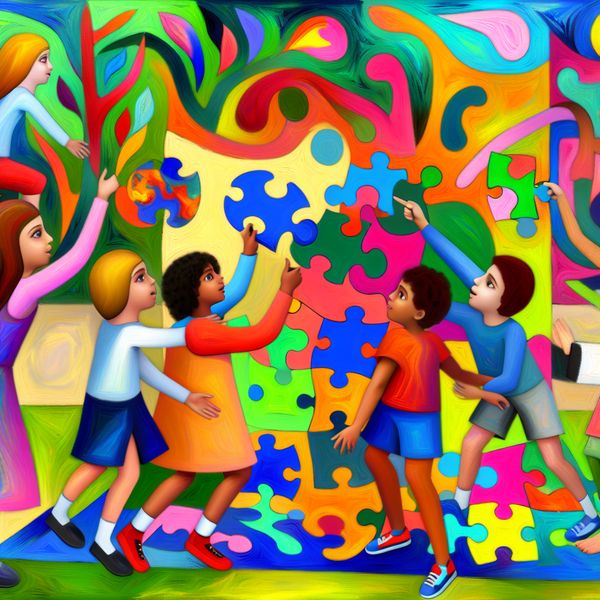 Kinderen die samen een kleurrijke puzzel oplossen in het park Kinderen spelen met een groot, kleurrijk puzzel in een park, gevuld met abstracte vormen en gevoelens van teamwork.