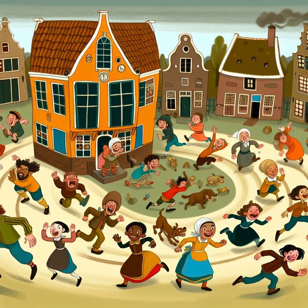 Kinderen Spelen Rond Nederlands Huisje in Jan Steen-Stijl Kinderen rennen speels in een cirkel rond een Nederlands huisje