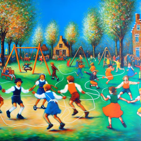 Kinderen spelen in een levendig park met nostalgische sfeer Afbeelding van kinderen die buiten spelen in een park, met een kleurrijk, nostalgisch uitzicht op een zonnige dag