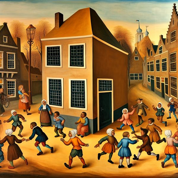 Kinderen Spelen op Drukke Straathoek Speelse kinderen interactief op een drukke straat, met een huis op de hoek