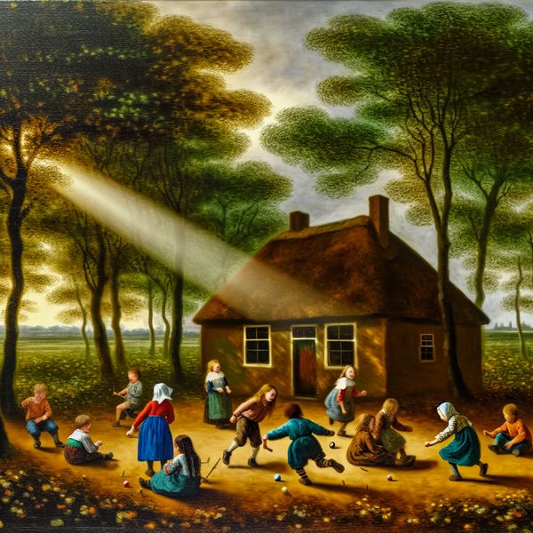 Vrolijke kinderen spelen in een groene omgeving Kinderen spelen vrolijk rond een charmant huis omgeven door weelderig groen.