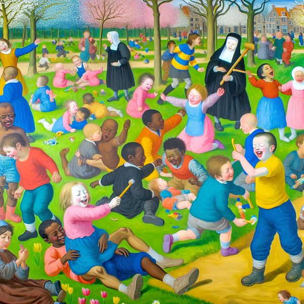 Kinderen Spelen Samen in een Park - Gelijkheid en Vriendschap Een kleurrijke en levendige afbeelding van verschillende kinderen die samen spelen in een park, lachend en delend, wat gelijkheid symboliseert.