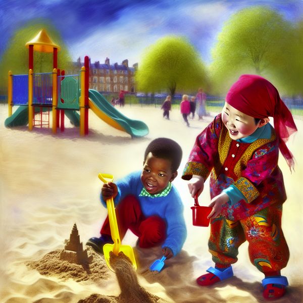 Twee kleine kinderen spelen vrolijk in een zandbak, één bouwt een zandkasteel en de ander vult een emmer met zand.