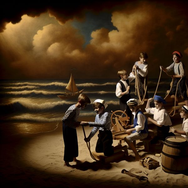 Kinderen spelen matroosje op het strand - nostalgische zeemansfantasie in Rembrandt-stijl Groep kinderen speelt matroosje op een zonnig strand in Rembrandt-stijl met dramatisch licht en schaduw
