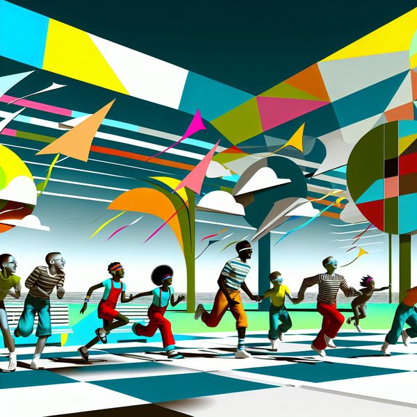 Kinderen spelen in een levendig retro-futuristisch park Een kleurrijke retro-futuristische park met spelende kinderen onder de zon